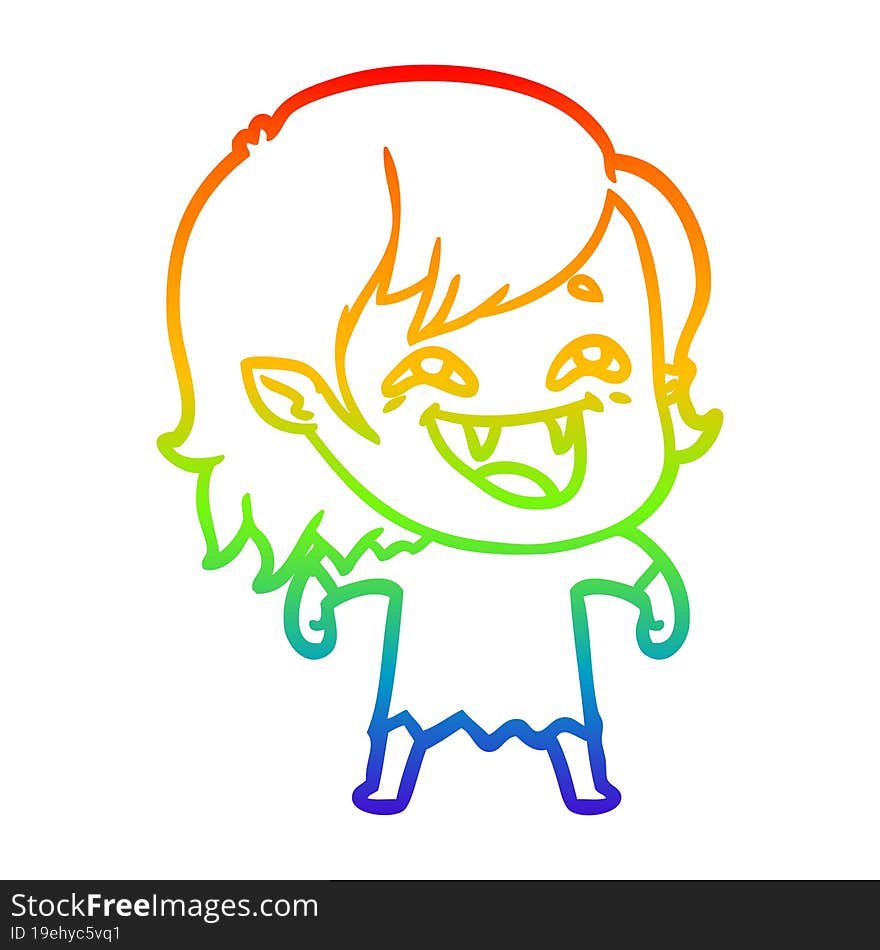 rainbow gradient line drawing of a cartoon laughing vampire girl