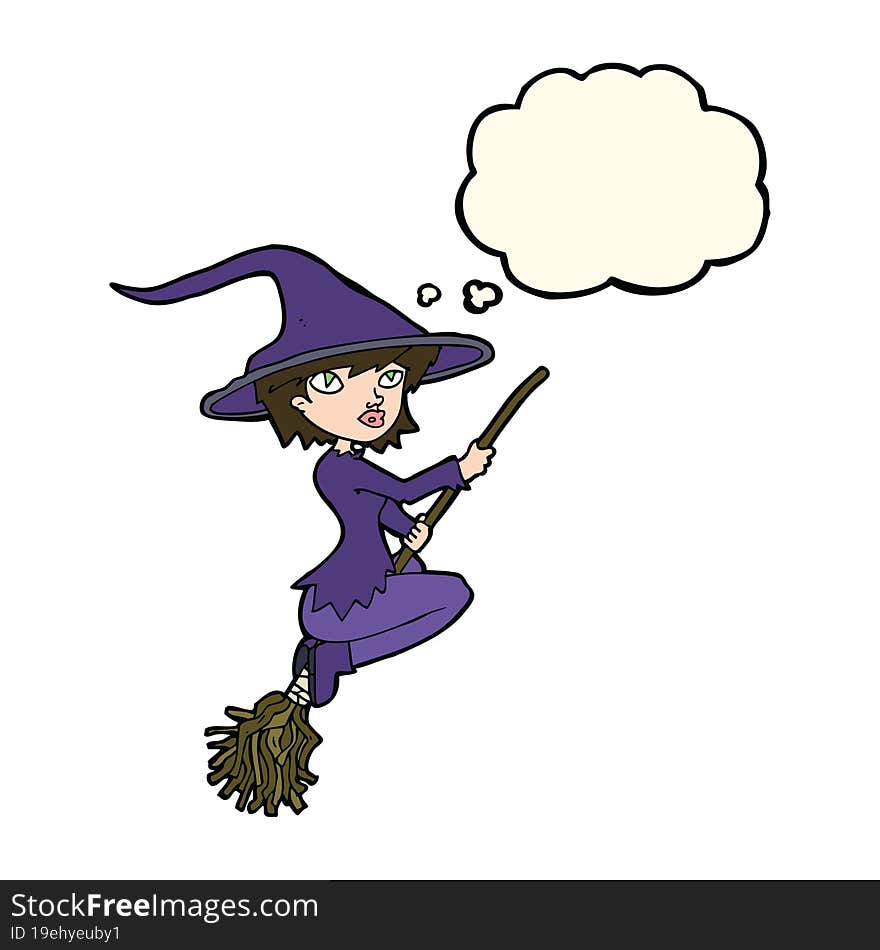 cartoon witch riding broomstick with thought bubble