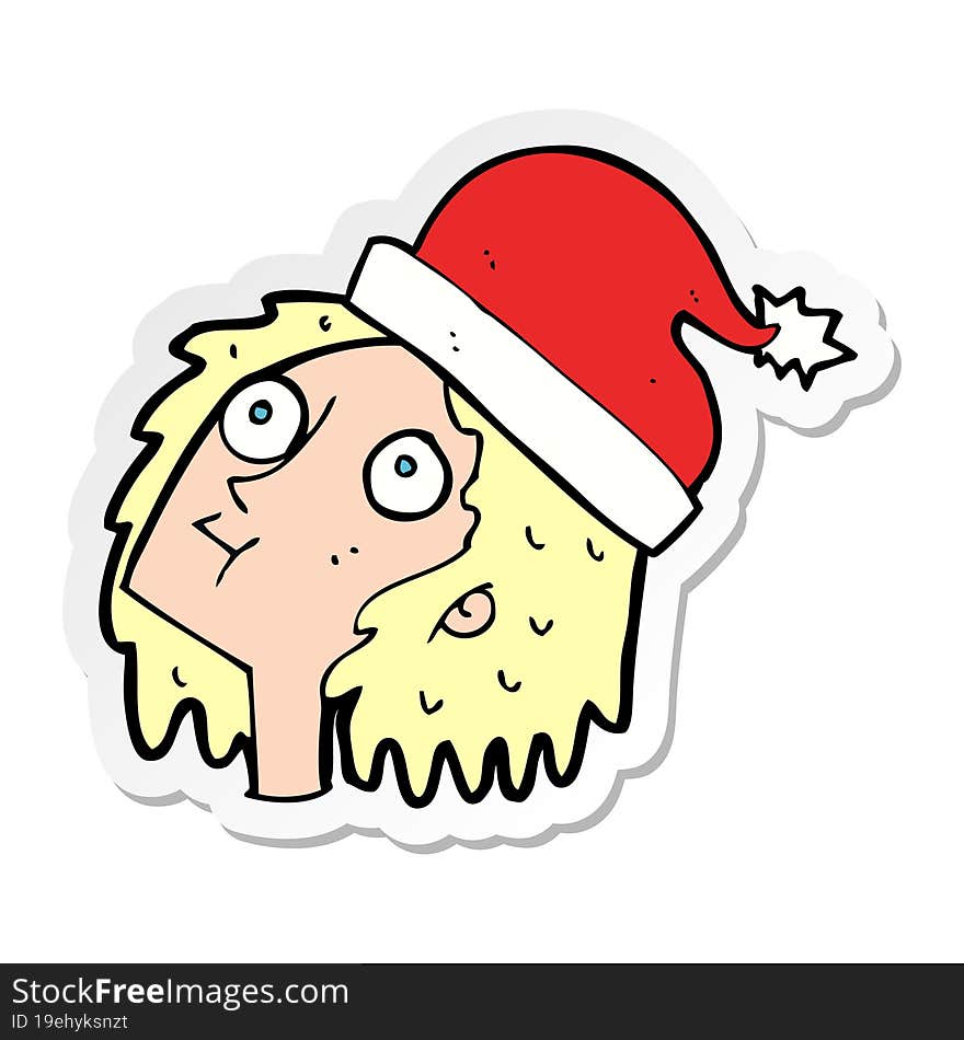 sticker of a cartoon woman wearing christmas hat