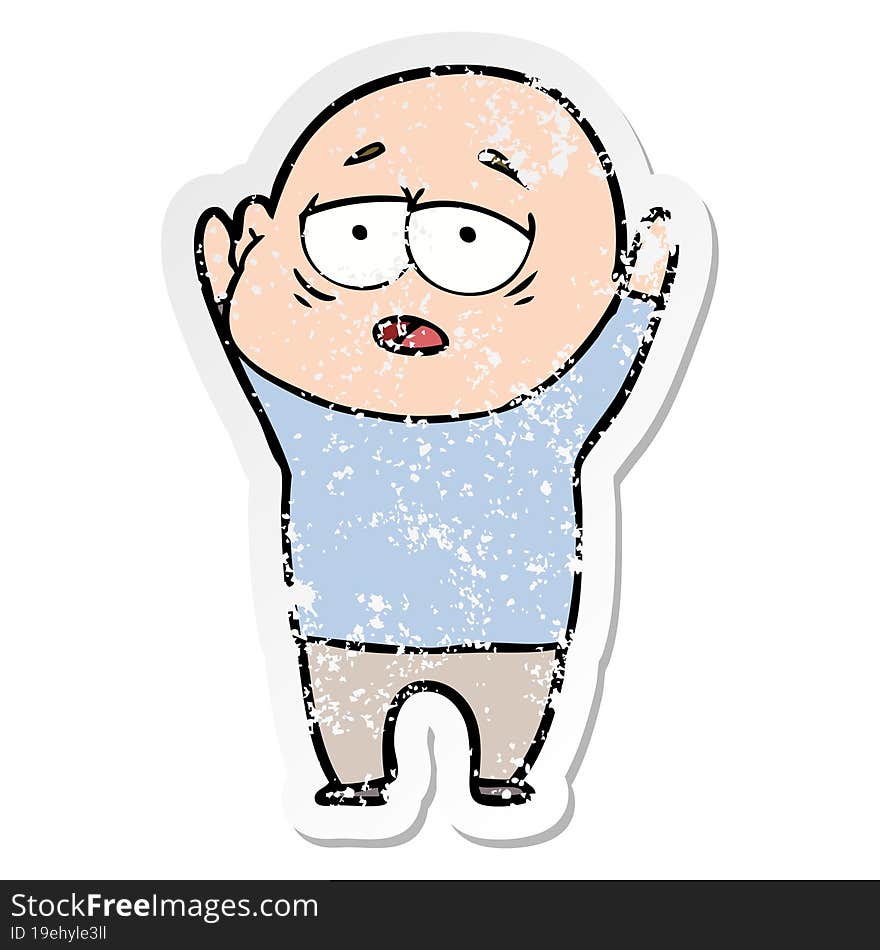 distressed sticker of a cartoon tired bald man