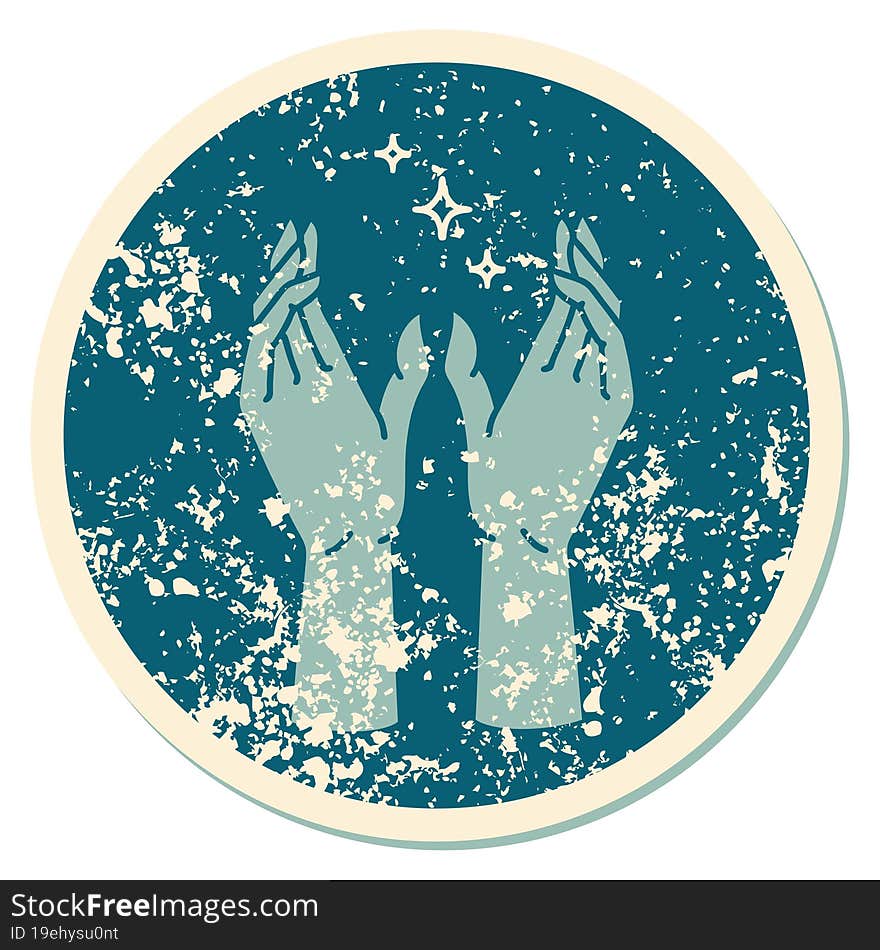 iconic distressed sticker tattoo style image of reaching hands. iconic distressed sticker tattoo style image of reaching hands