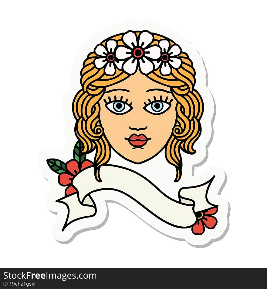 tattoo sticker with banner of female face with crown of flowers