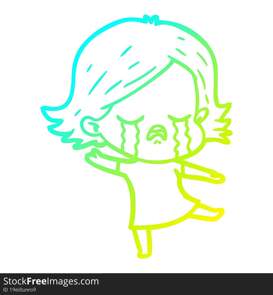 cold gradient line drawing of a cartoon girl crying