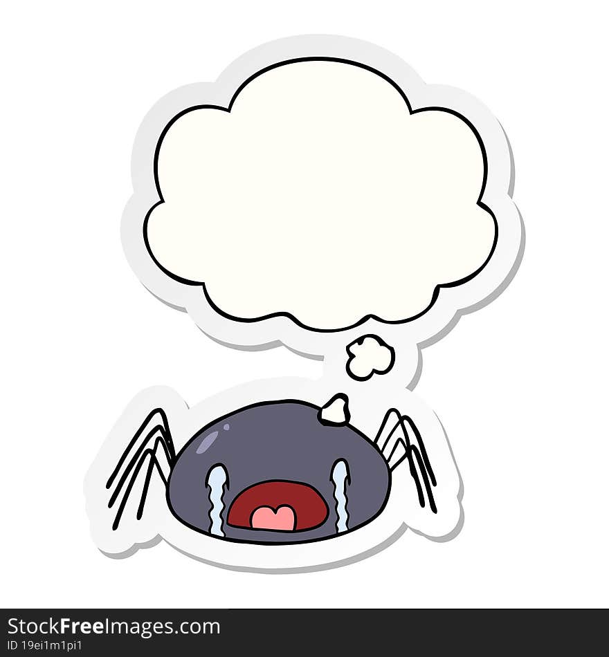 cartoon crying spider and thought bubble as a printed sticker