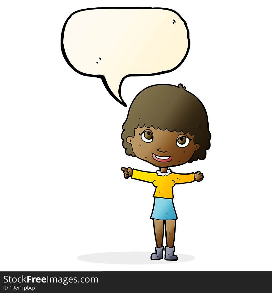 cartoon happy woman pointing with speech bubble