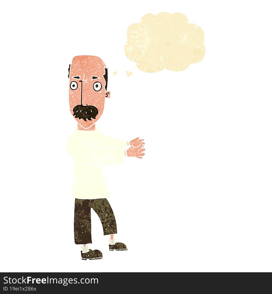 cartoon balding man explaining with thought bubble