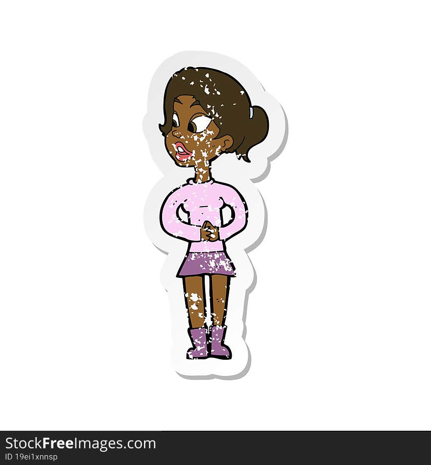 retro distressed sticker of a cartoon girl talking