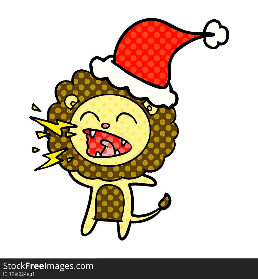 comic book style illustration of a roaring lion wearing santa hat