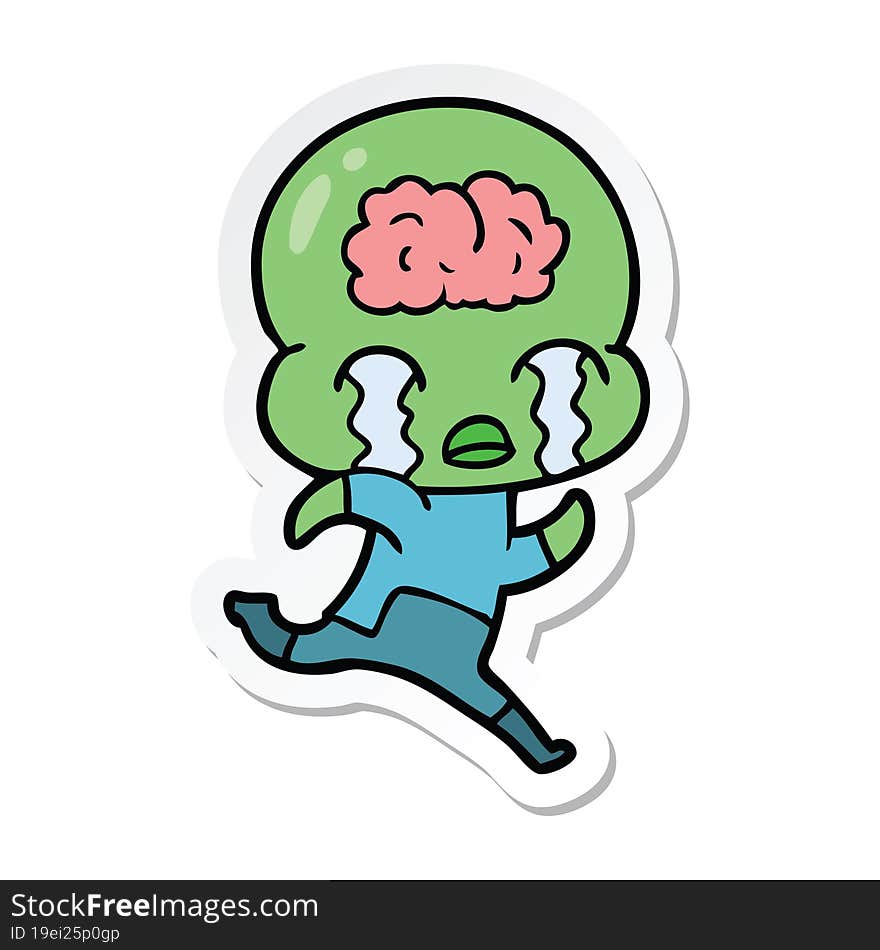 sticker of a cartoon big brain alien crying