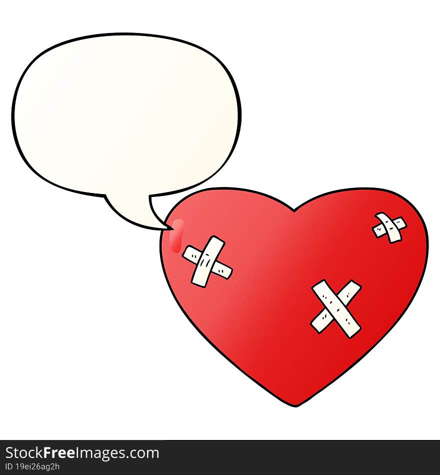 cartoon beaten up heart and speech bubble in smooth gradient style