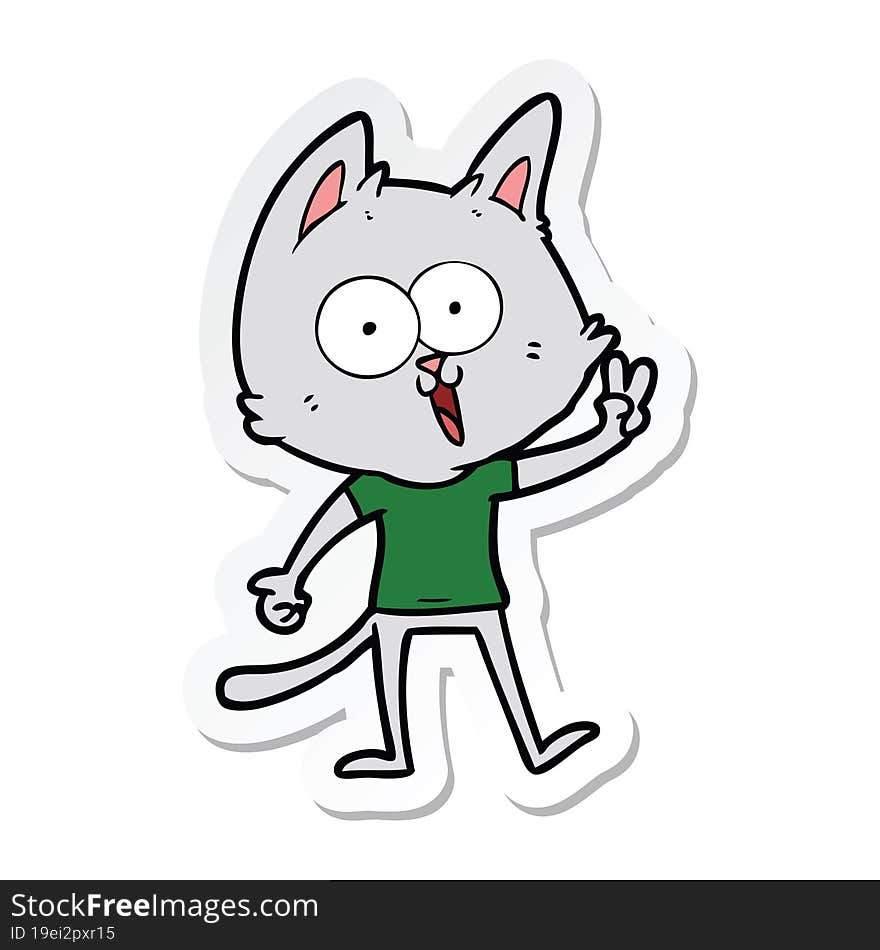 sticker of a funny cartoon cat giving peace sign