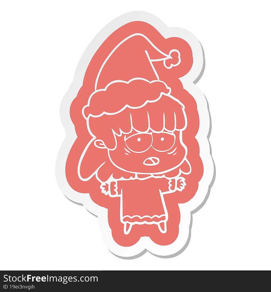 cartoon  sticker of a tired woman wearing santa hat