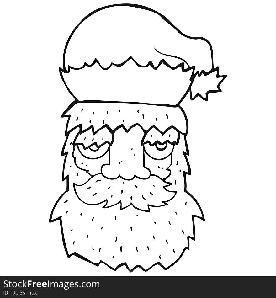 freehand drawn black and white cartoon tired santa claus face