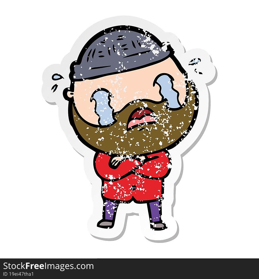 distressed sticker of a cartoon bearded man crying