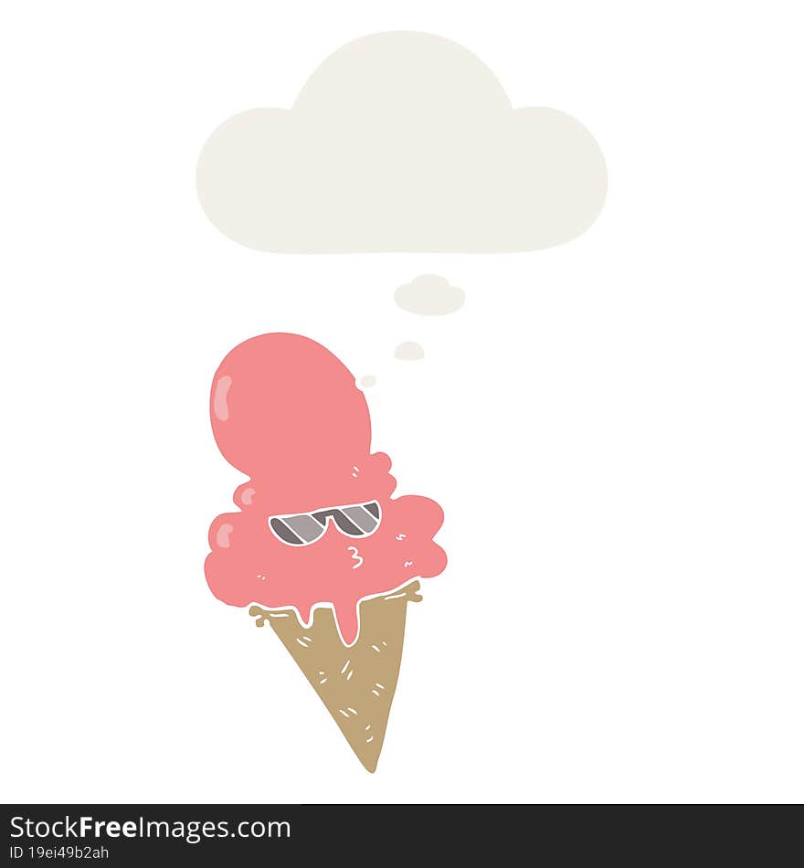 cartoon cool ice cream and thought bubble in retro style