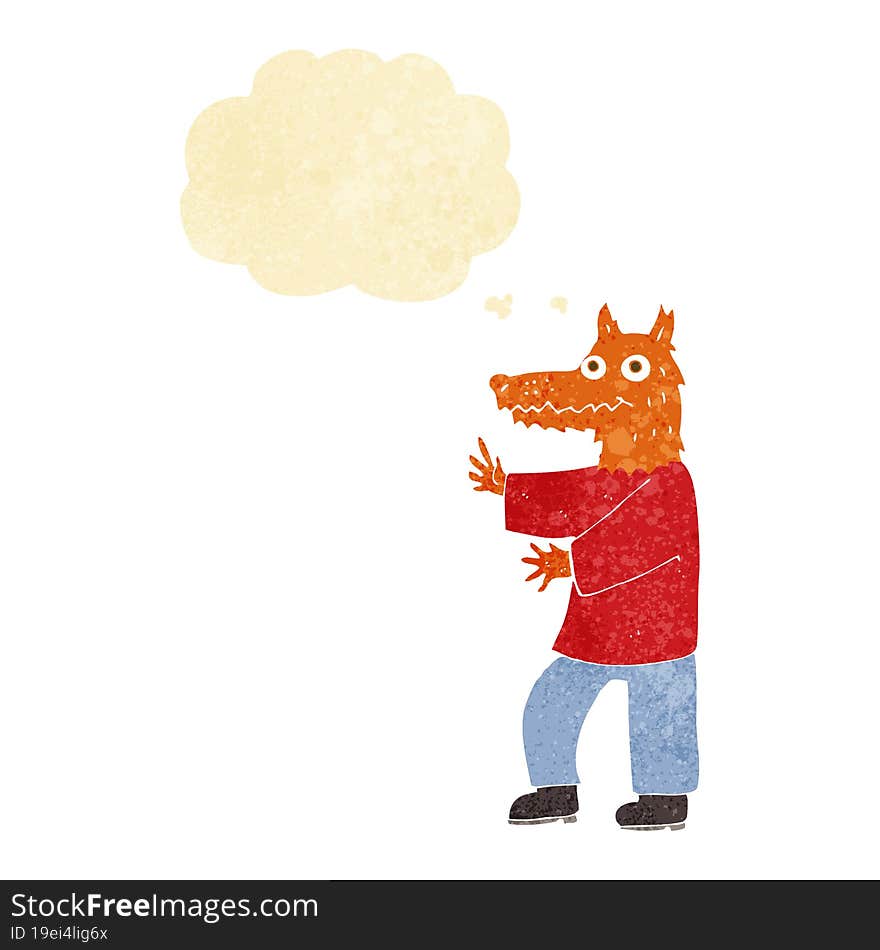 cartoon funny fox man with thought bubble