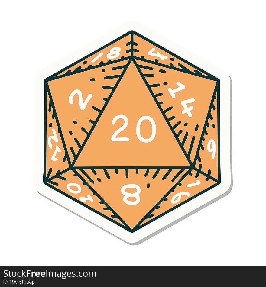 sticker of tattoo in traditional style of a d20 dice. sticker of tattoo in traditional style of a d20 dice