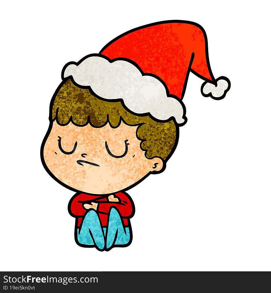 textured cartoon of a grumpy boy wearing santa hat