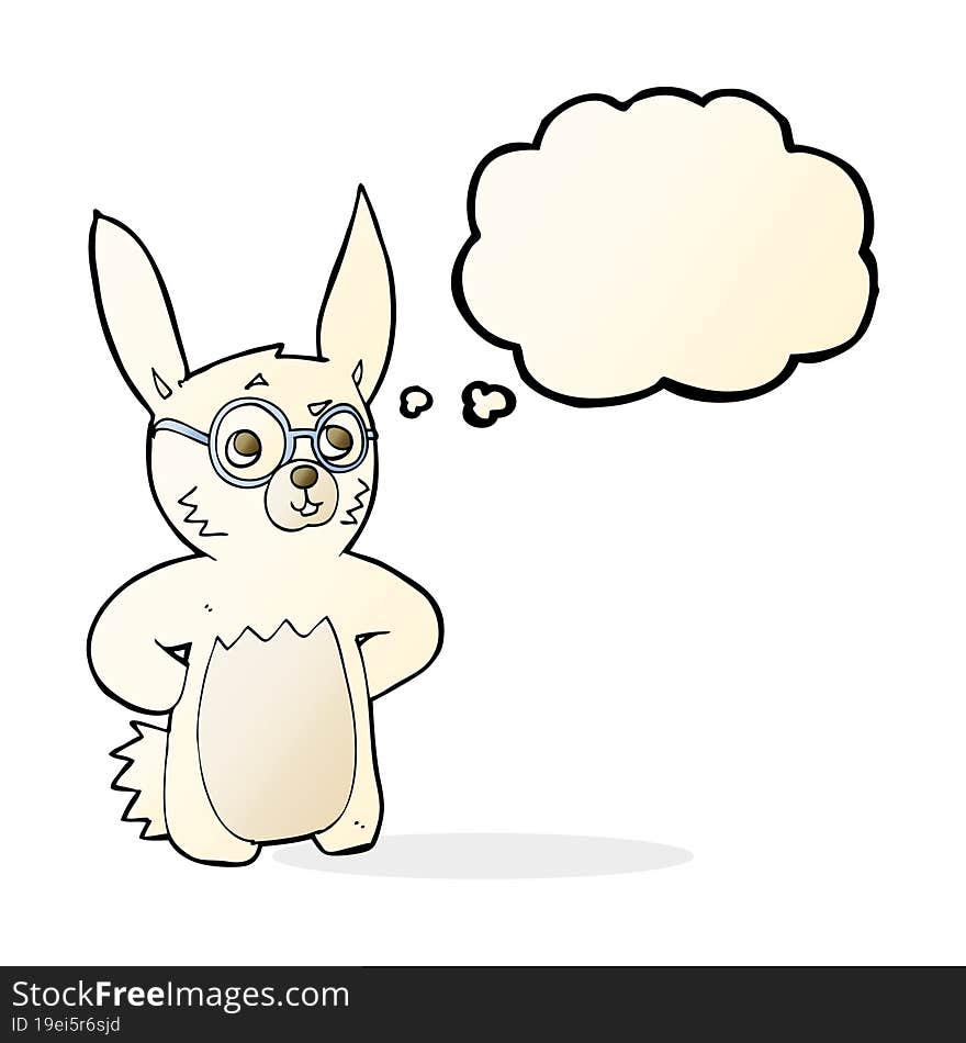 cartoon rabbit wearing spectacles with thought bubble