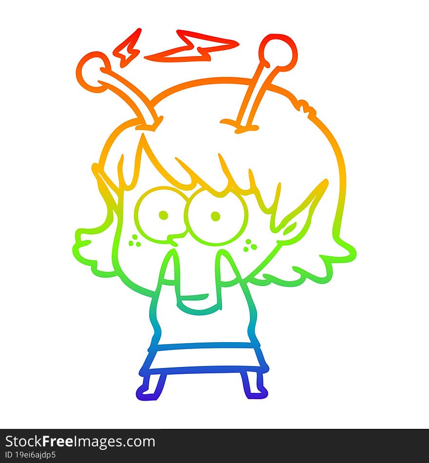 rainbow gradient line drawing of a cartoon alien girl