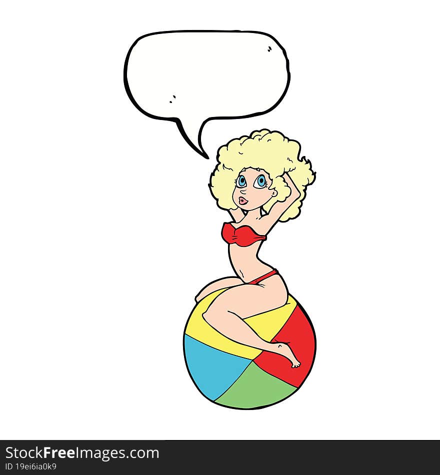 Cartoon Pin Up Girl Sitting On Ball With Speech Bubble