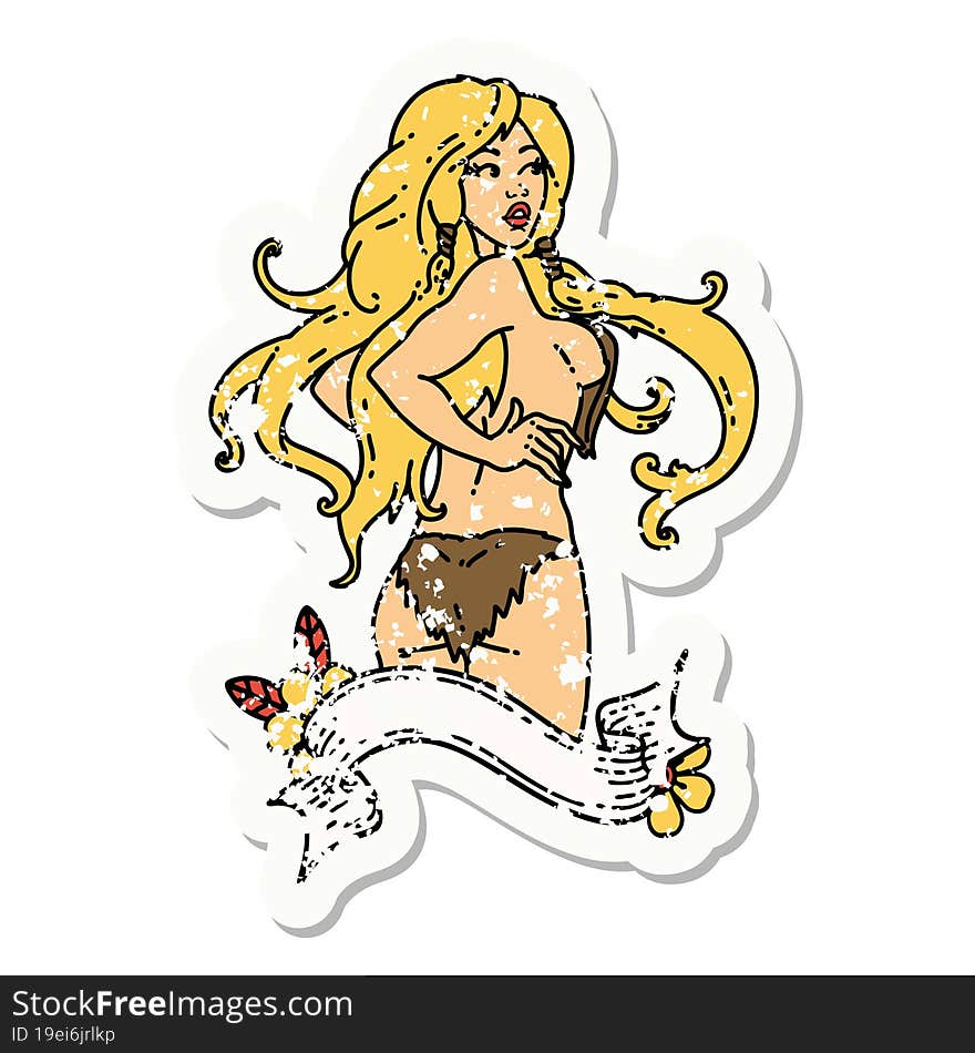 distressed sticker tattoo of a pinup viking girl with banner