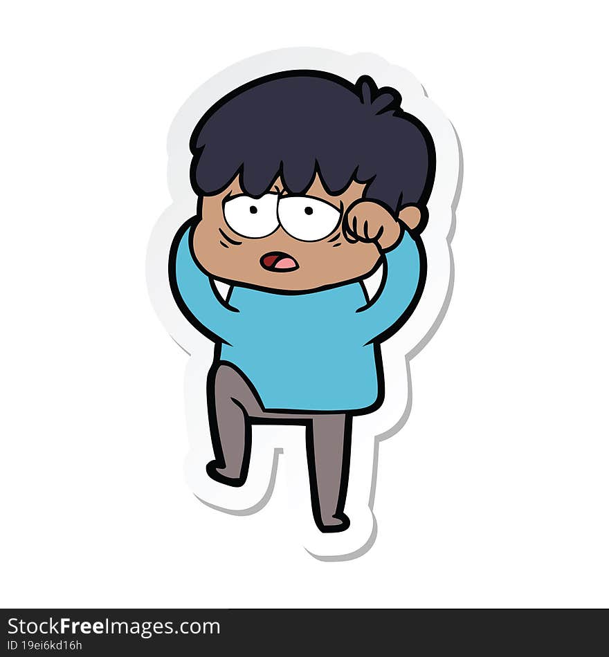 sticker of a cartoon exhausted boy