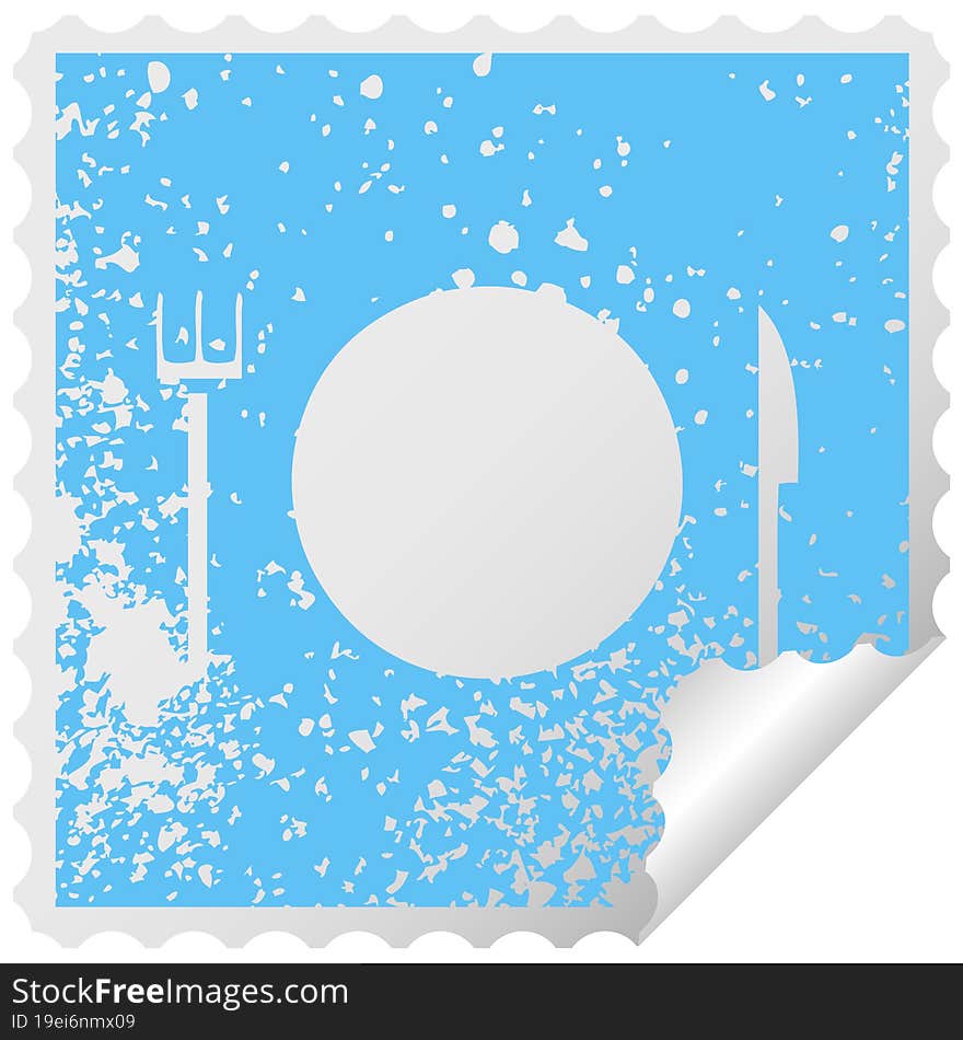 distressed square peeling sticker symbol of a plate and cutlery