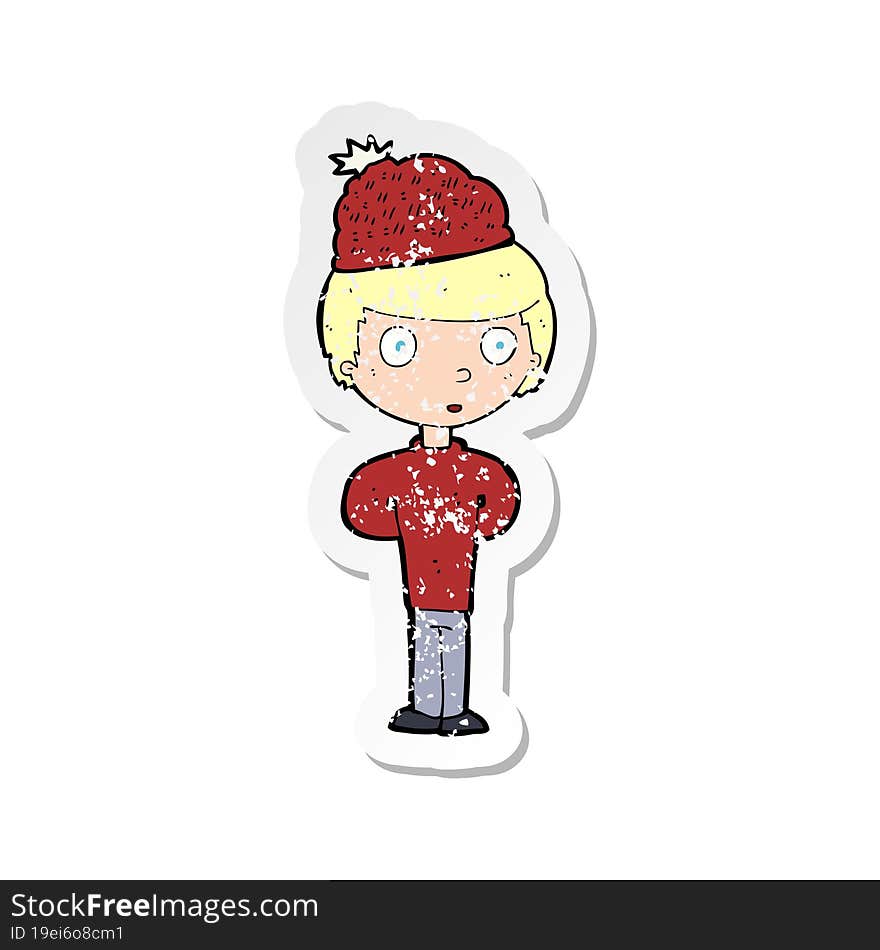 retro distressed sticker of a cartoon man wearing winter hat