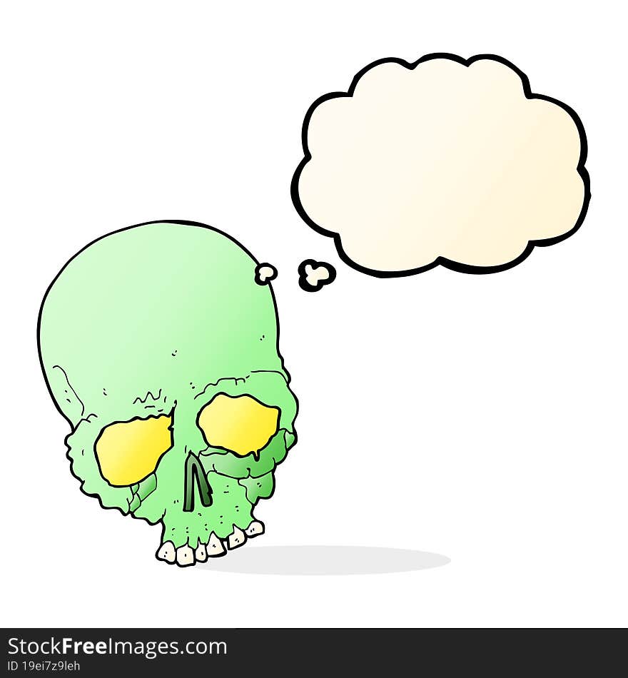 cartoon spooky old skull with thought bubble