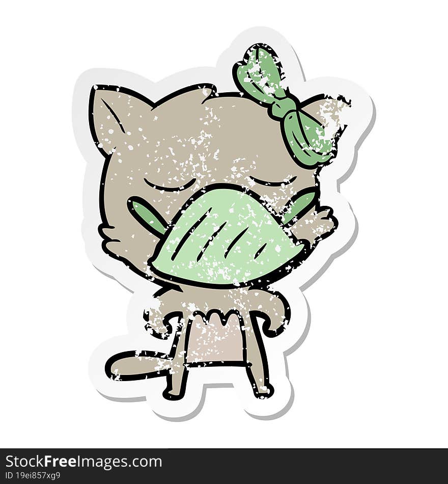 Distressed Sticker Of A Cartoon Cat Wearing Germ Mask