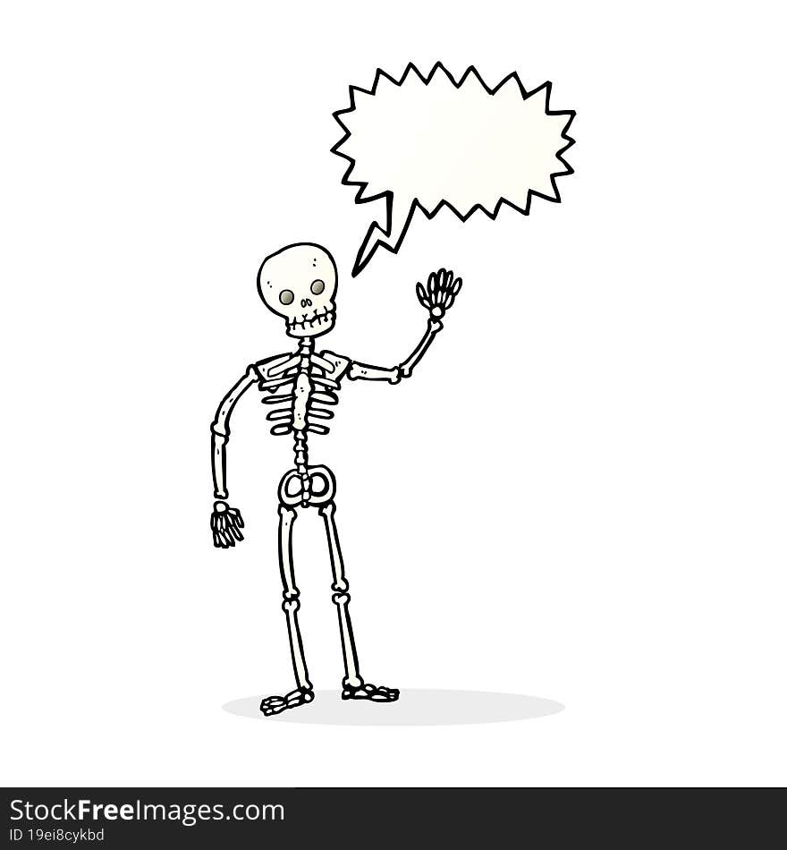 cartoon waving skeleton with speech bubble