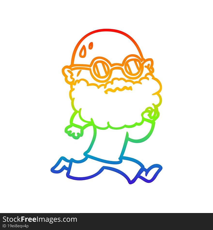 Rainbow Gradient Line Drawing Cartoon Running Man With Beard And Sunglasses Sweating