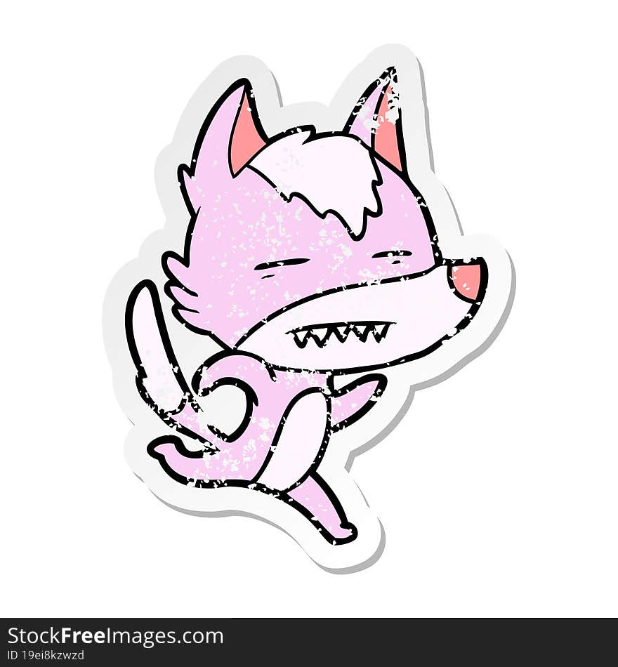 distressed sticker of a cartoon wolf running showing teeth