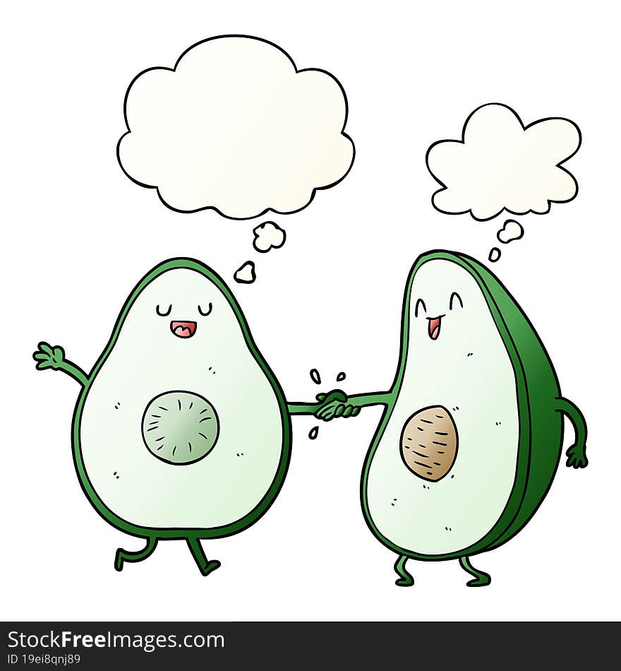 cartoon dancing avocados and thought bubble in smooth gradient style