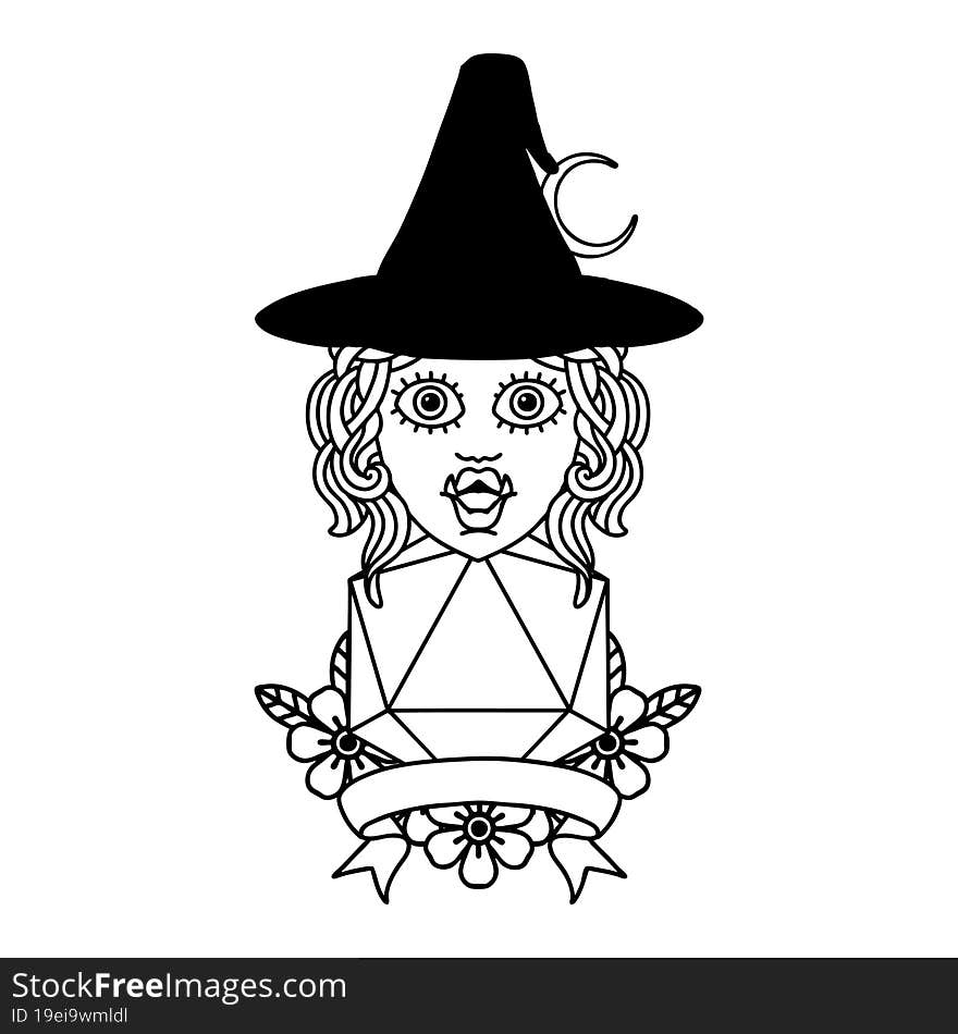 Black and White Tattoo linework Style half orc witch character with natural 20 dice roll. Black and White Tattoo linework Style half orc witch character with natural 20 dice roll