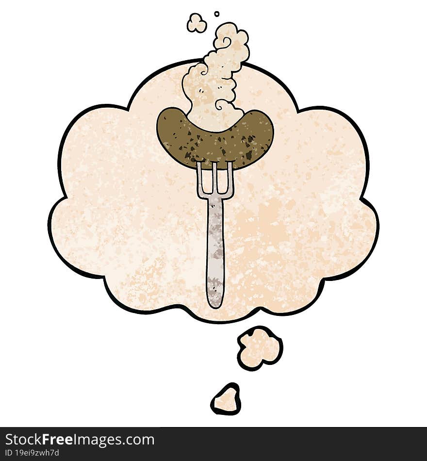 cartoon sausage on fork and thought bubble in grunge texture pattern style