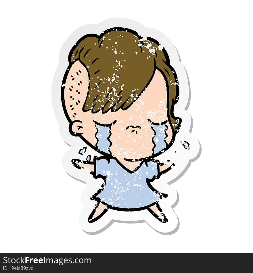 distressed sticker of a cartoon crying girl