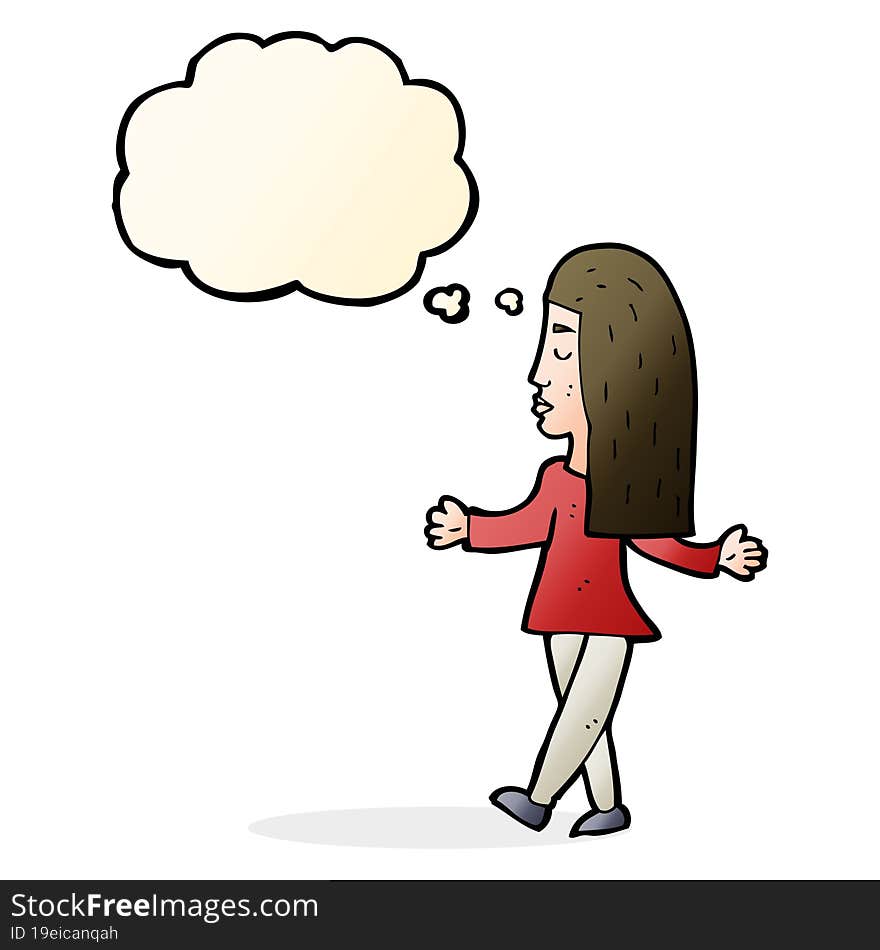 cartoon woman shrugging shoulders with thought bubble