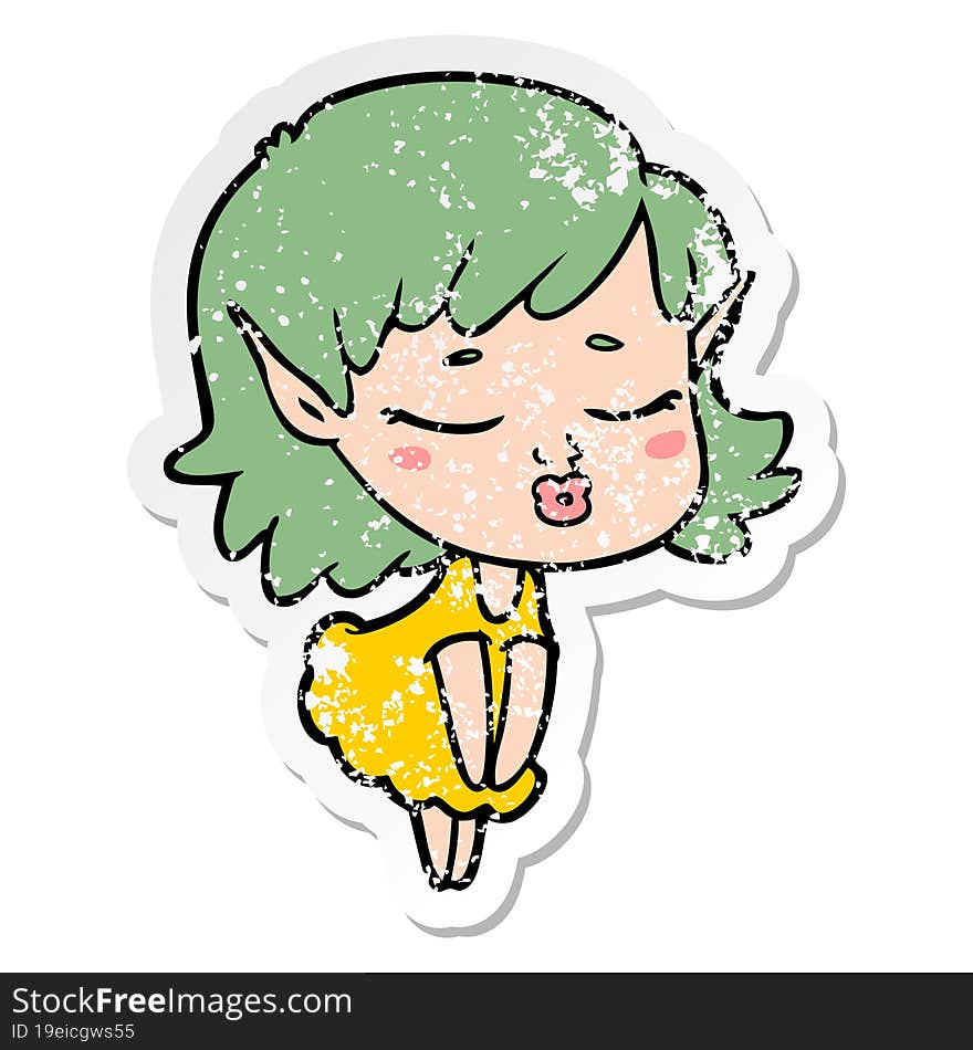 distressed sticker of a pretty cartoon elf girl