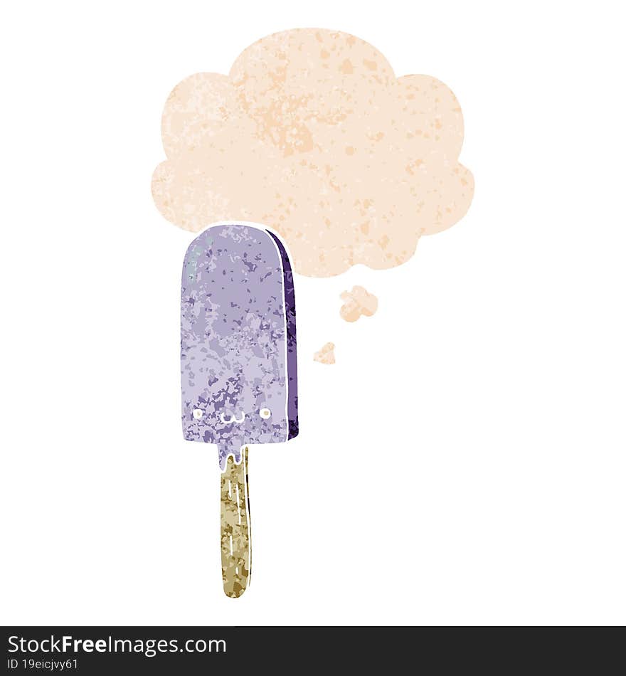 cartoon ice lolly with thought bubble in grunge distressed retro textured style. cartoon ice lolly with thought bubble in grunge distressed retro textured style