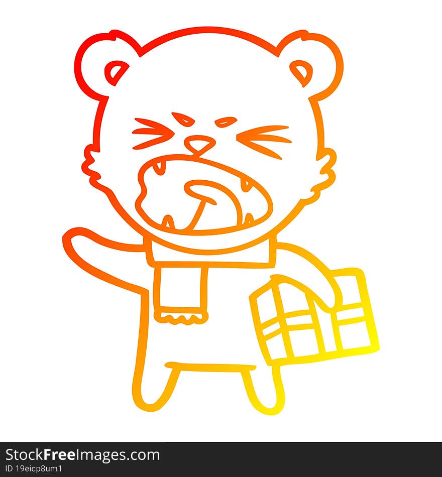 warm gradient line drawing angry cartoon polar bear with christmas present