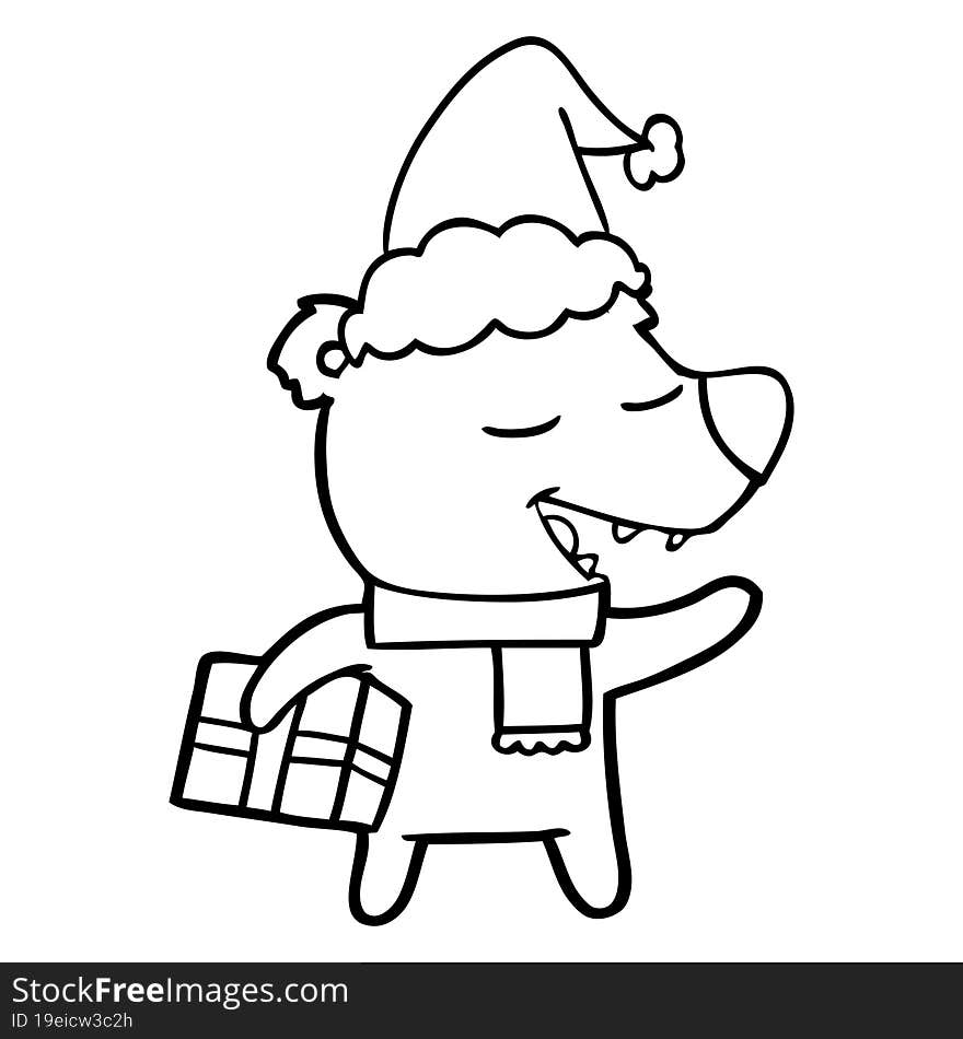 hand drawn line drawing of a bear with present wearing santa hat