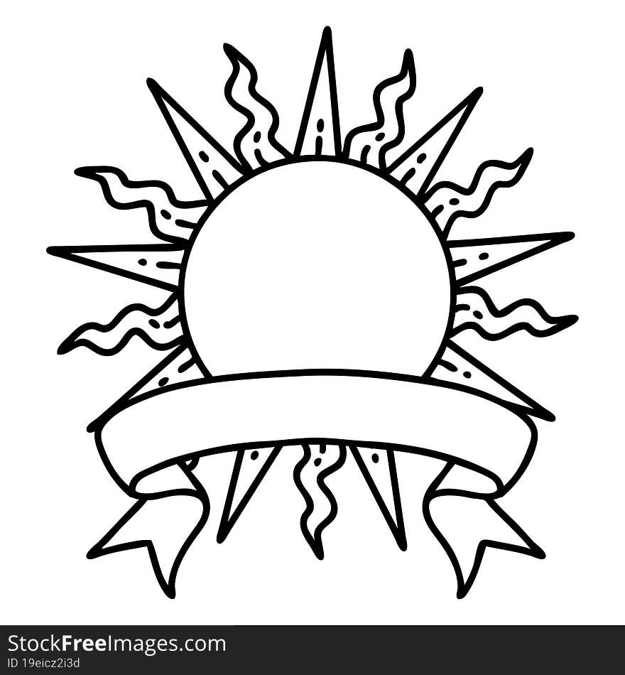 Black Linework Tattoo With Banner Of A Sun