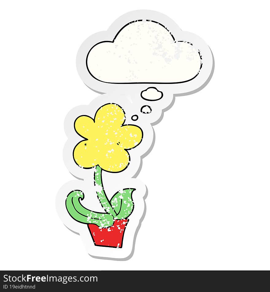 Cute Cartoon Flower And Thought Bubble As A Distressed Worn Sticker