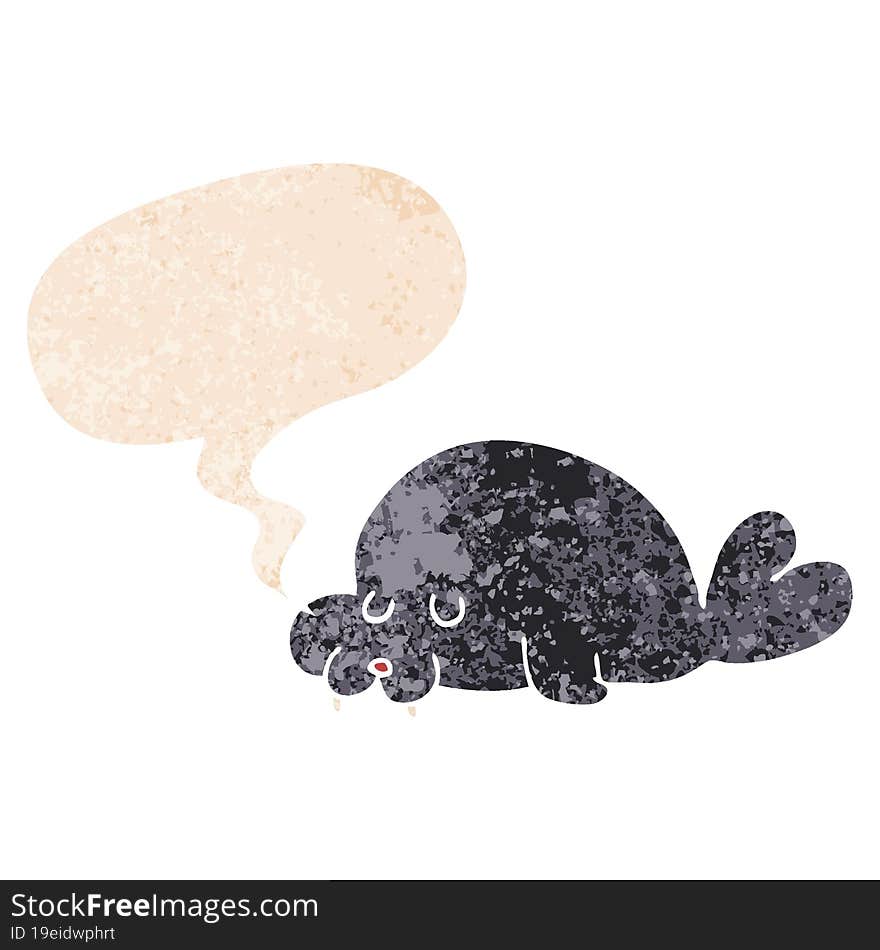 cartoon walrus and speech bubble in retro textured style