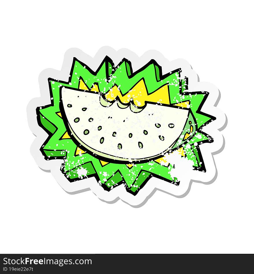 Retro Distressed Sticker Of A Cartoon Melon Slice