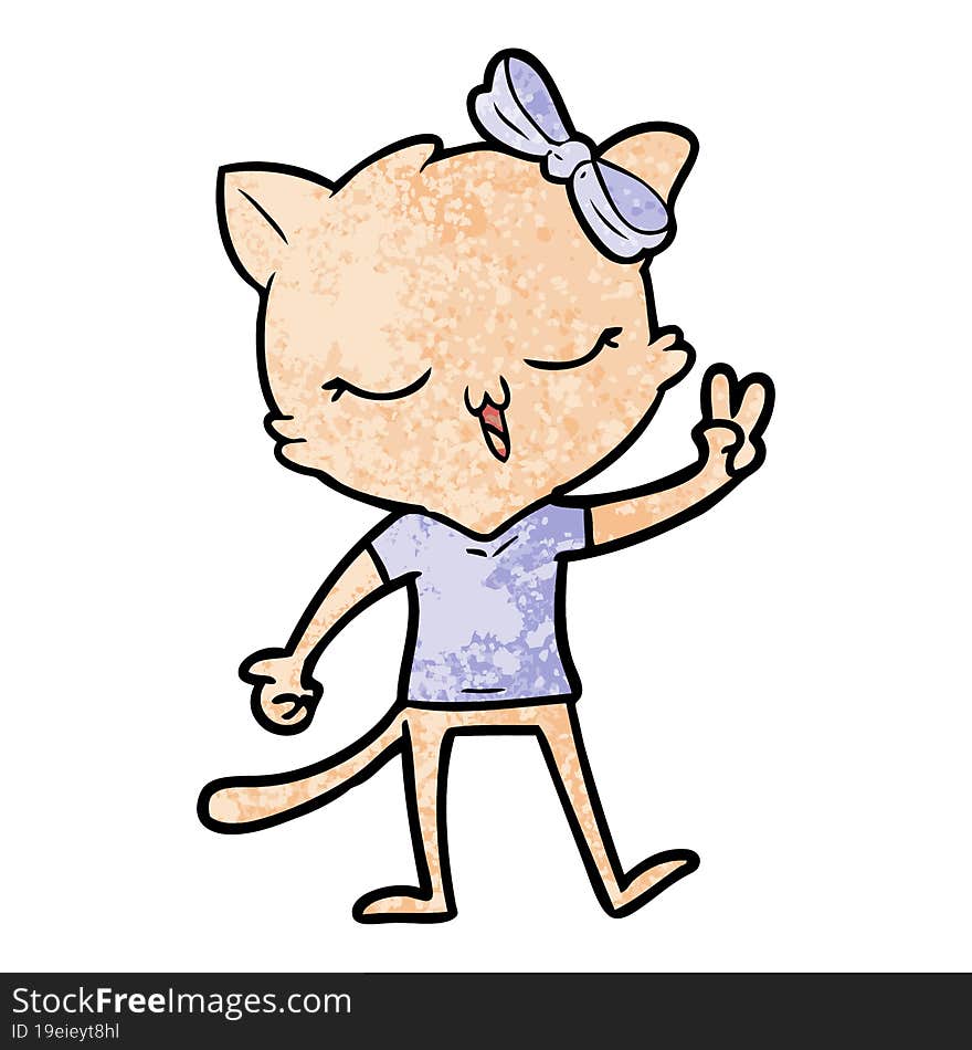 cartoon cat with bow on head giving peace sign. cartoon cat with bow on head giving peace sign