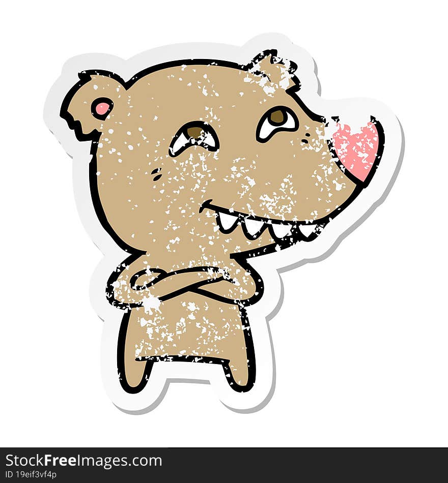 distressed sticker of a cartoon bear showing teeth