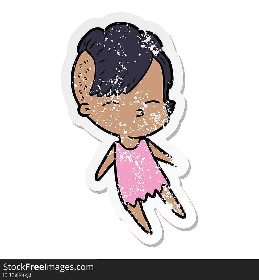 distressed sticker of a cartoon squinting girl